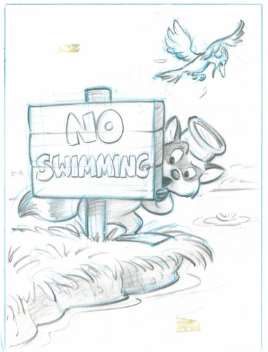 “Glen chose to change the 'No Swimming' to a symbol to make it more universal. Word art is challenging when translating picture books into foreign languages.”                                       